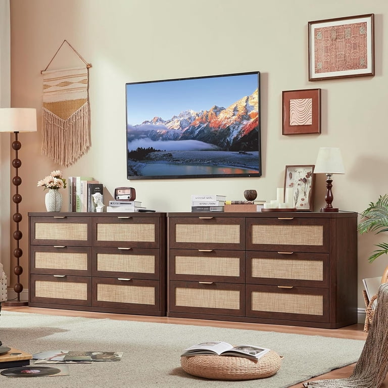 Leyaoyao Rattan 6-Drawer Dresser, 48 inch Wide Boho Chest of Drawers & TV Stand, Metal Handle, Storage for Bedroom, Living Room, Hallway, Retro Walnut