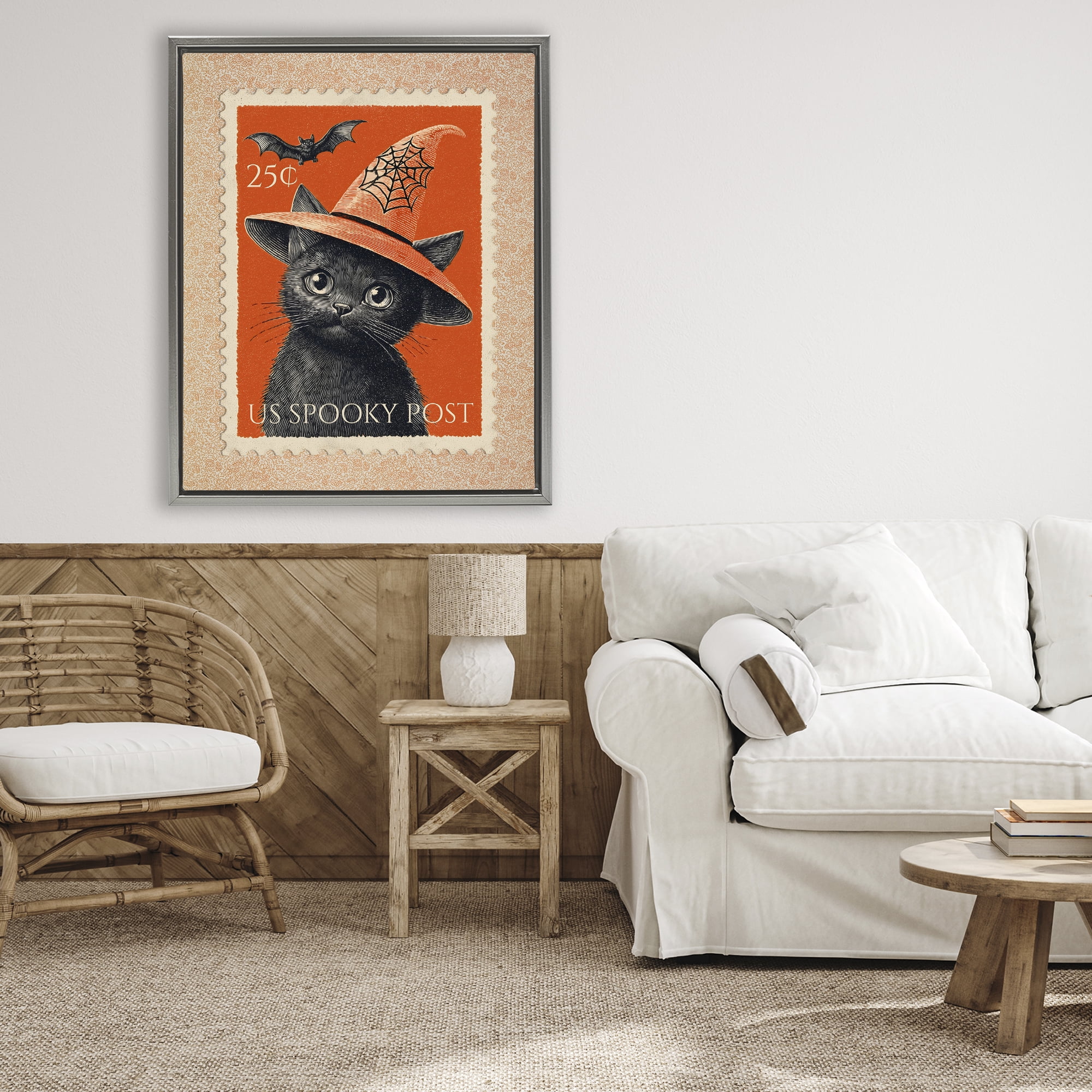 Vintage Black Cat Stamp Gray Framed Floater Canvas Wall Art, design by Arlington Prints
