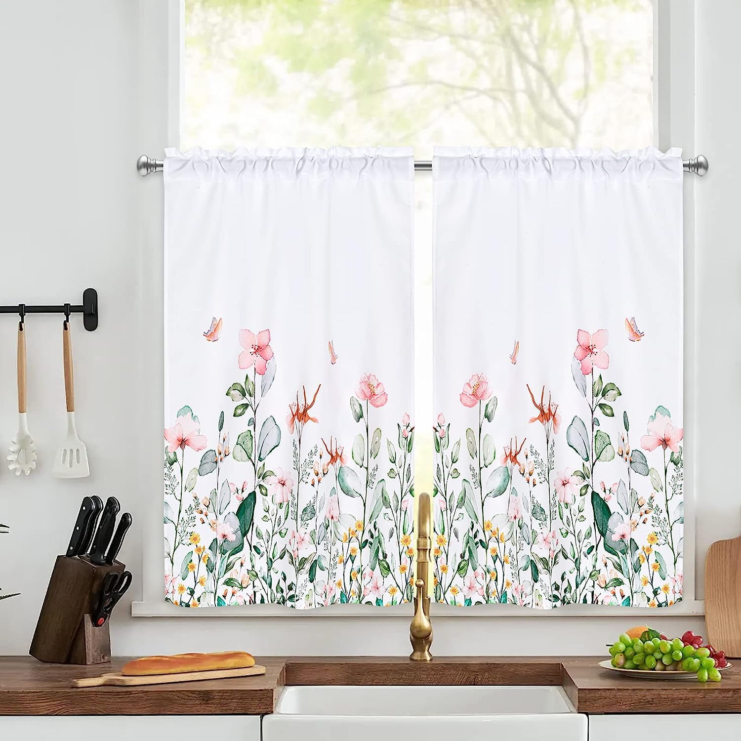Alishomtll Floral Print Kitchen Curtain Set 36 Inch ,2 Panels,Rod
