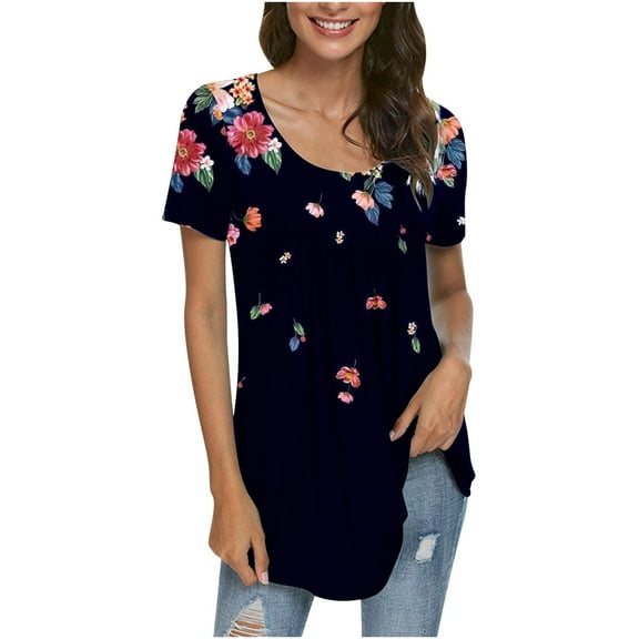 Giftesty Women Printed Casual Round Neck Short Sleeve Loose T-Shirt Blouse Tops