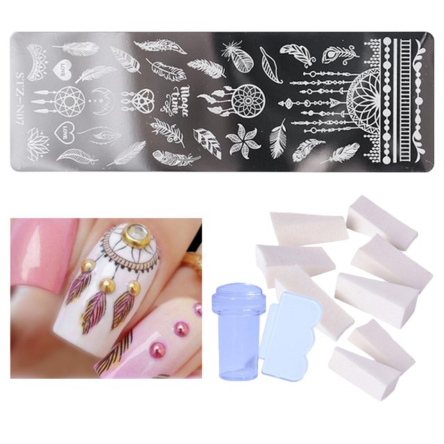 de placas de perforación de uñas, patrón de hojas , placas de uñas, plantillas de sellos con es, padores y esponjas , Estilo 4 Baoblaze estampador de uñas