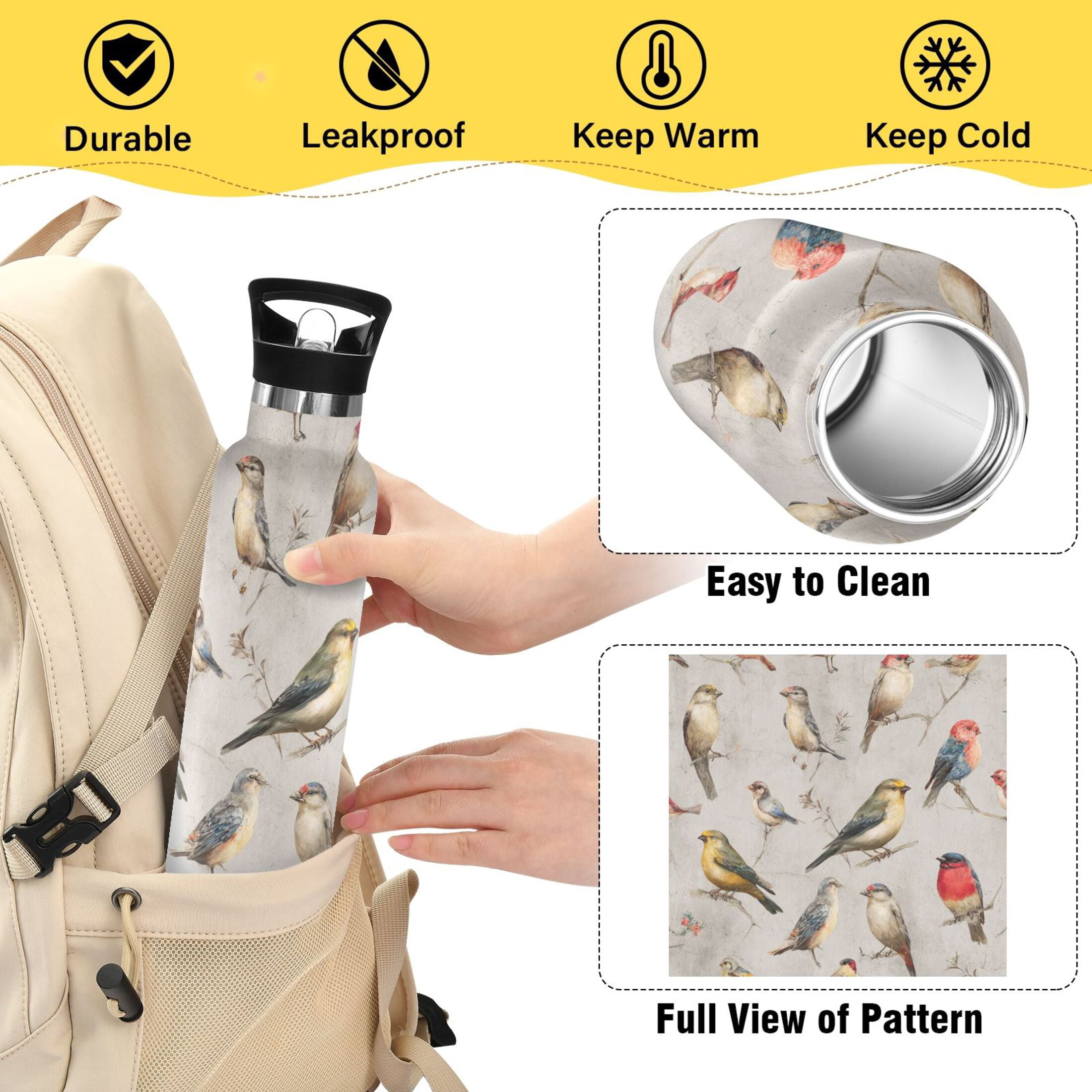 Kids Insulated Stainless Steel Sports Water Bottle 600ml (20oz) Birds Pattern