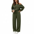 thumbnail image 7 of Xinoom Women's 2 Piece Off Shoulder Sweatshirt Set, Long Sleeve Slouchy Top & Elastic Waist Wide Leg Pants, Soft Matching Outfit, Gift for Ladies, Casual Hangout Army Green,L, 7 of 7