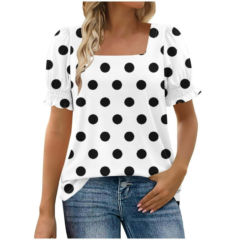 Shirt for Women Plus Size Short Sleeve Square Neck Polka Dot