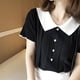 thumbnail image 2 of Guardurnaity Camisa de punto de manga corta con solapa para mujer, camiseta con bloque de color y botones, blanco Prendas para la parte del cuerpo Negro, 2 of 6