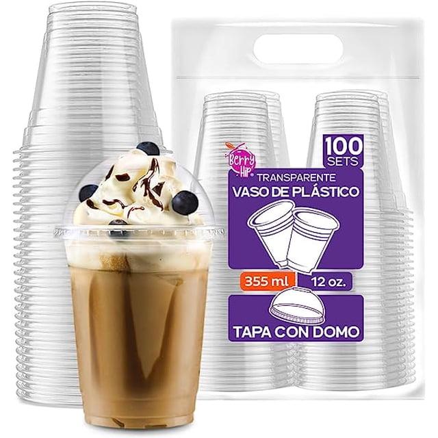 Berry Hip 100 Vasos de Plastico de 12 oz (355 ml) con Tapa Tipo Domo Transparentes, Desechables, Vasos Perfectos para Llevar Café, Chocolate, Bebidas Frias, Batidos, Malteadas Best Trading VTD12-2