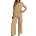 thumbnail image 5 of Stralyhd Womens Lounge Sets Matching Set Trendy 3/4 Length Sleeve Crewneck Top Baggy Wide Leg Pants 2 Piece Fall Fashion Clothing Khaki L, 5 of 6