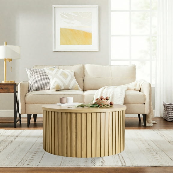 Round Coffee Table with with Lifting Top and Hidden Storage Compartment, Modern Center Tables for Living Room, Natural