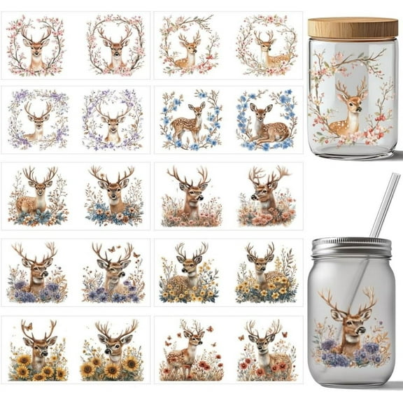 10 Sheets Flower Deer Transfer Paper 11x24cm (4.33x9.45 inches) Moose Glasses Transfer Stickers Waterproof PVC Decals for DIY Glasses Furniture Wall Decoration Stickers