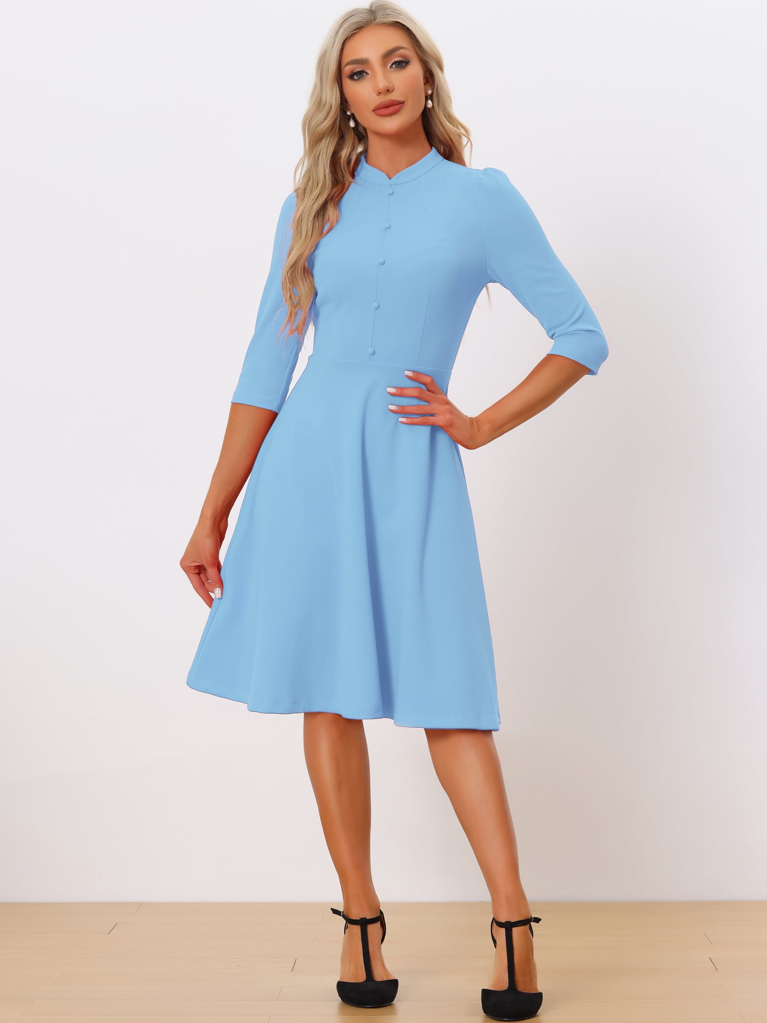 DARING DIVA Women's Vintage 3/4 Sleeve Church Semi Fit and Flare Dress XS Sky Blue