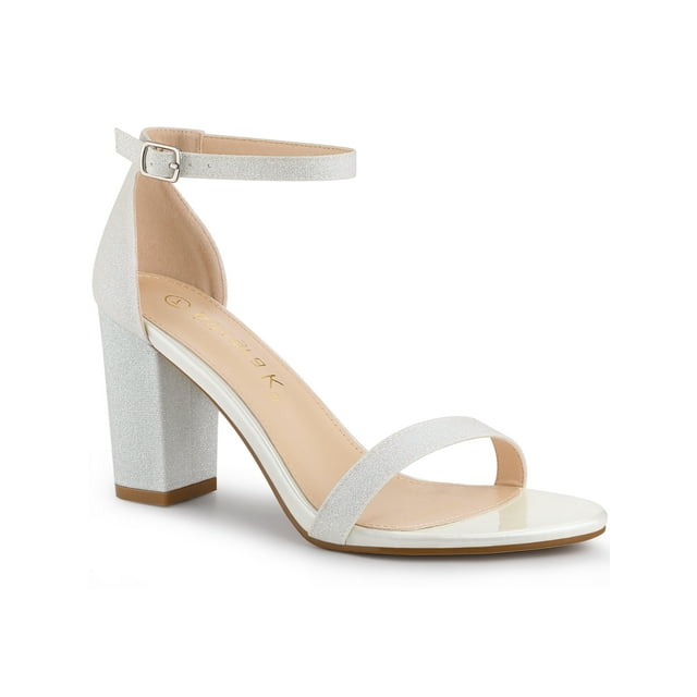 BLISSFUL STEP Women's Solid Color Glitter Ankle Strap Chunky Heels Sandals