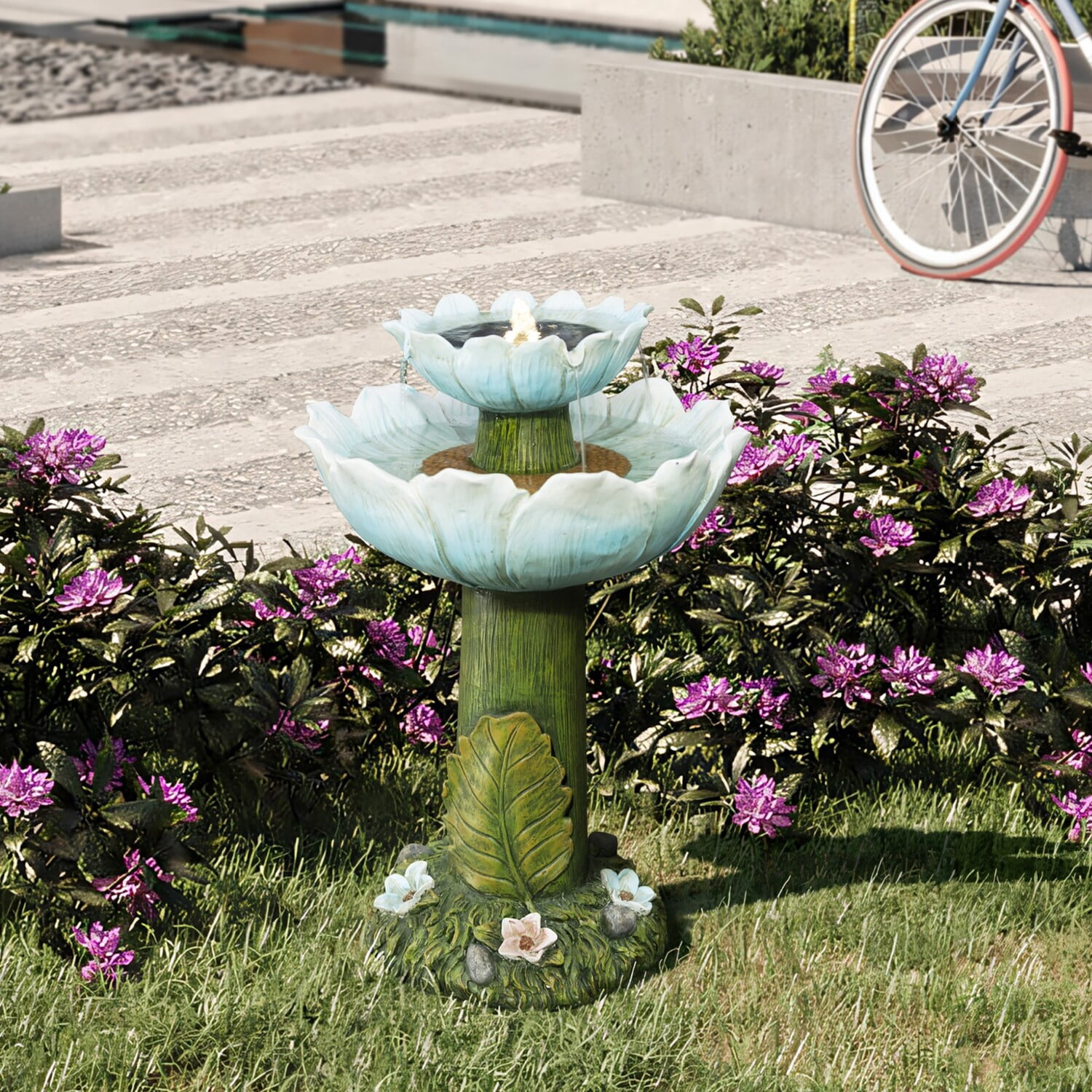 LuxenHome Solar Powered Blue Flower 2-Tier Resin Birdbath Fountain with Lights