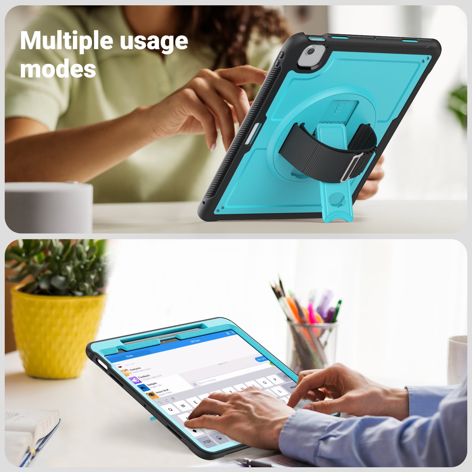 ELEHOLD Case for Apple iPad Air 13 (2024),Soft TPU Rugged Durable Case with 360° Rotating Hand Strap & Foldable Hidden Stand & Pencil Holder,Lightblue