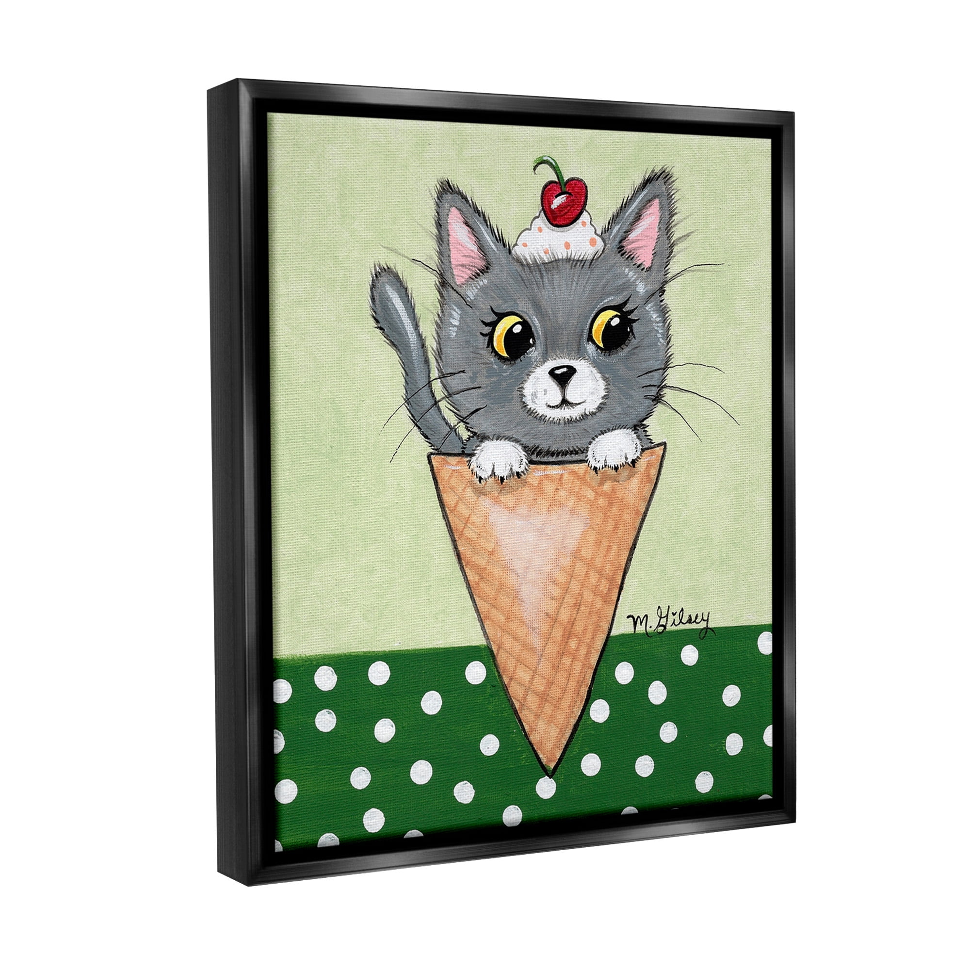 Stupell Industries Cat in Ice Cream Cone Animals & Insects Painting Black Floater Framed Canvas Art Print Wall Art, 17 x 21