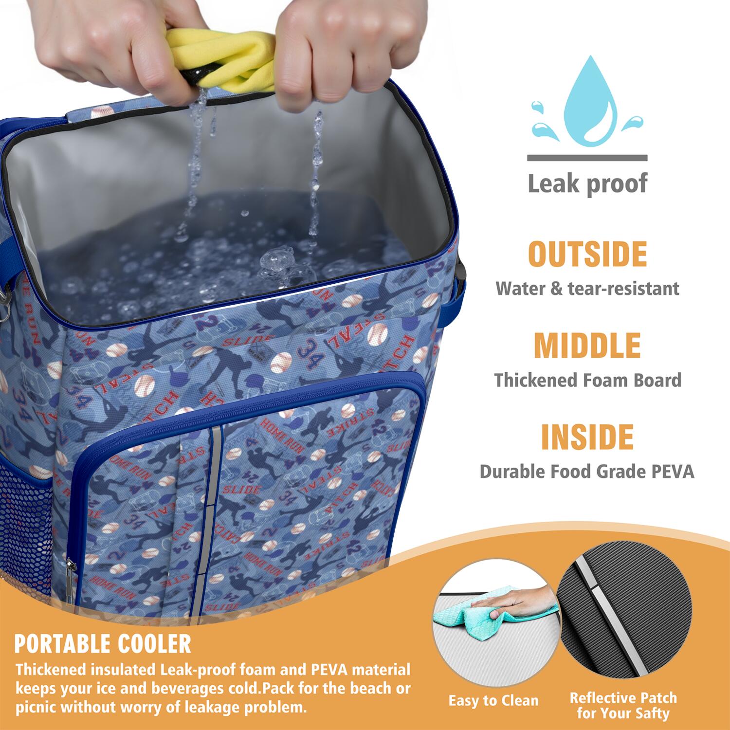 Travel Cooler Bag - Blue Baseball Silhouette Pattern Camping Beer Cooler Backpack with Bottle Opener- Waterproof Insulated Picnic Backpacks - Cooler Bag for Beach
