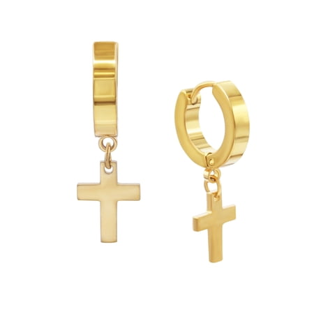 BEBERLINI Men Cross Pendant Huggie Hoop Earrings 14K Gold Plated Stainless Steel Jewelry