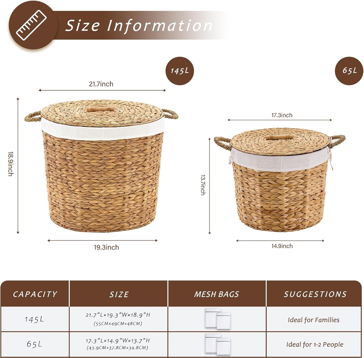 Casa Pura Furniture Handwoven Laundry Hamper with Lid, Storage Basket for Bathroom, Laundry Room & Bedroom, Natural, Large