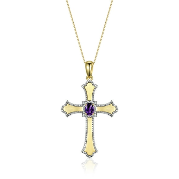 RYLOS Necklace Yellow Gold 14K Cross Necklace Gemstone &  Diamonds Pendant With 18" Chain 6X4MM Amethyst February Birthstone Womens Jewelry Gold Necklace