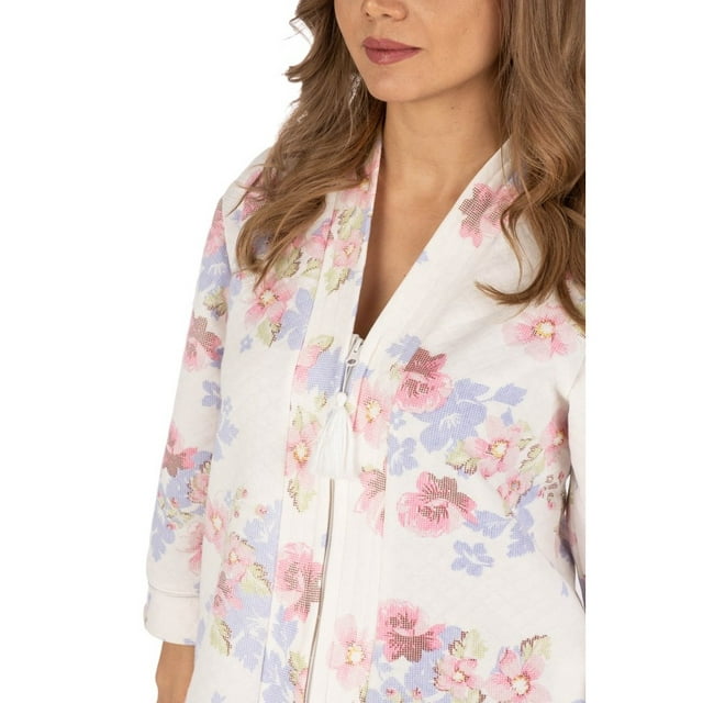 Body Touch Women's Floral Print Zipper Front Quilted Robe
