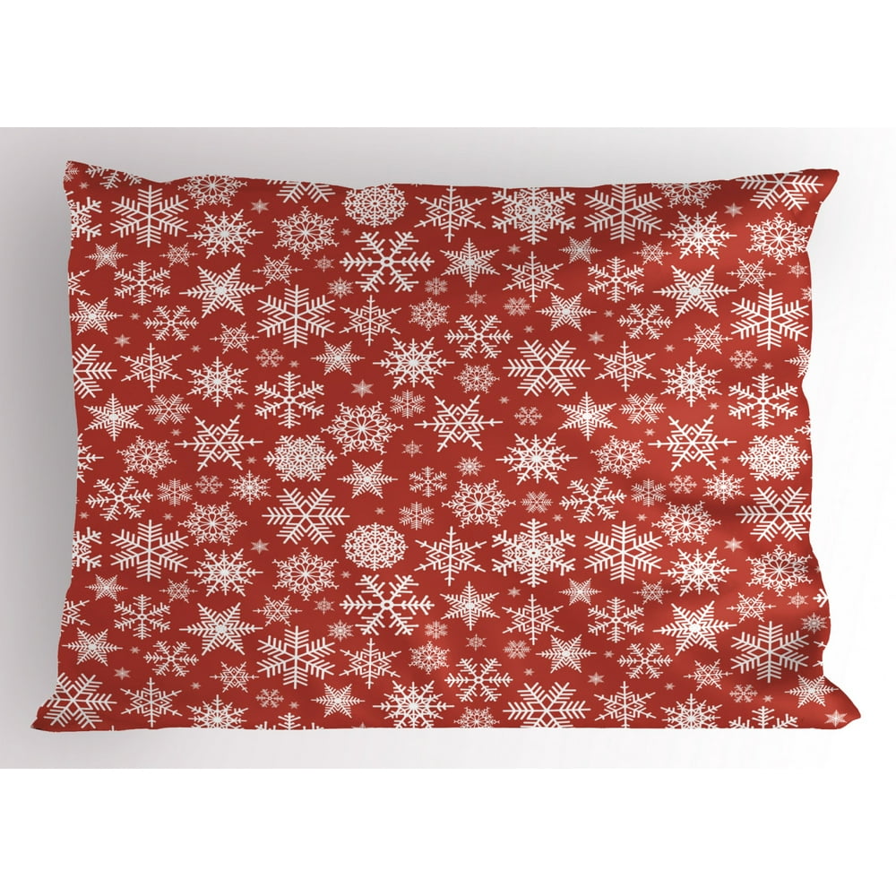 Red Pillow Sham Various Different Snowflakes with Rich Details Festive
