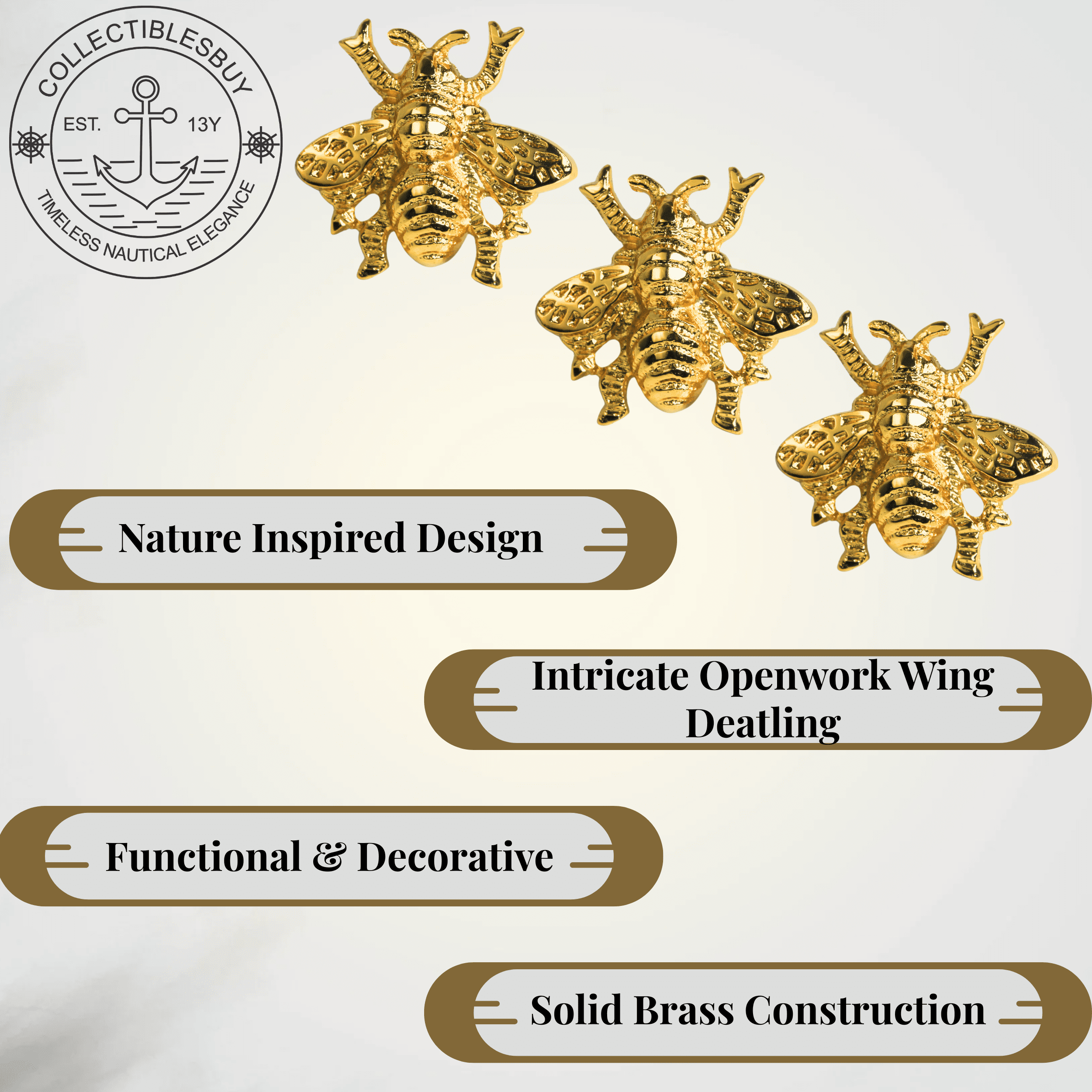 Shiny Brass Honey Bee Cabinet Knob – Golden Drawer Pull for Dresser, Kitchen, Wardrobe & Furniture | Vintage-Style Decorative Handle for Home DIY Decor (Honey Bee Set of 3)