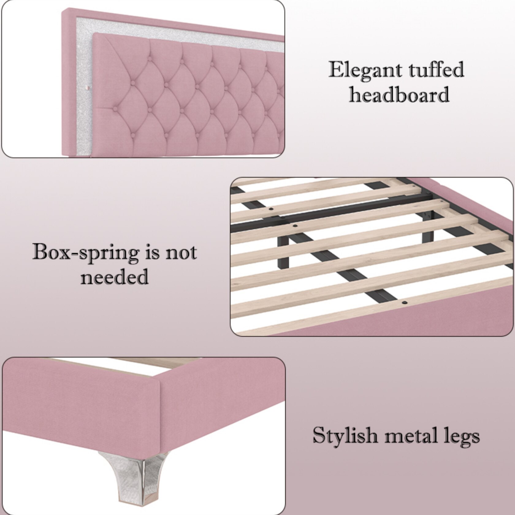 3-Pieces Bedroom Sets, Queen Size Upholstered Platform Bed with LED Lights Headboard and Two Nightstands for Living Room, Pink