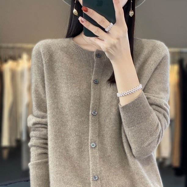 Suéter de lana de otoño e invierno, cárdigan de cuello redondo, suéter casual de color sólido para mujer, ropa de mujer a juego