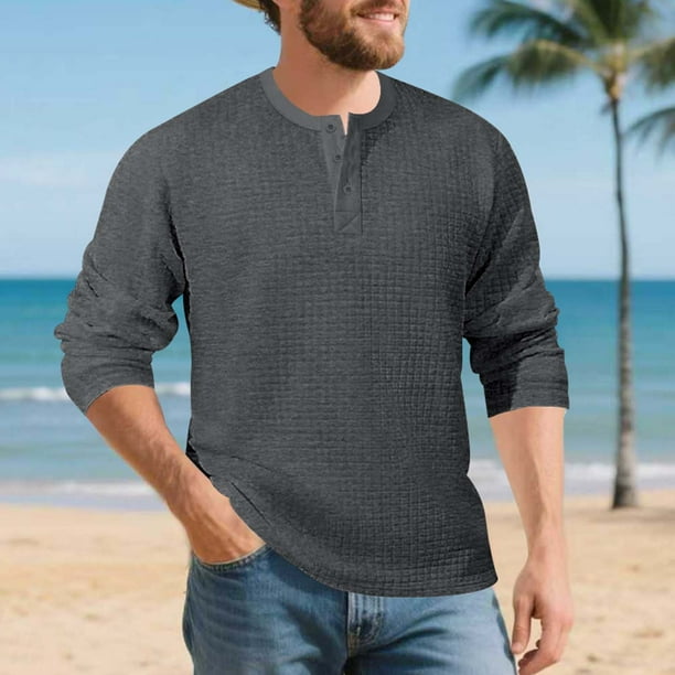 pstuiky camisas de manga larga para hombre, Camisa de entrenamiento de manga larga con cuello redondo y medio botón informal de colores sólidos para hombre Tops casuales para hombres s