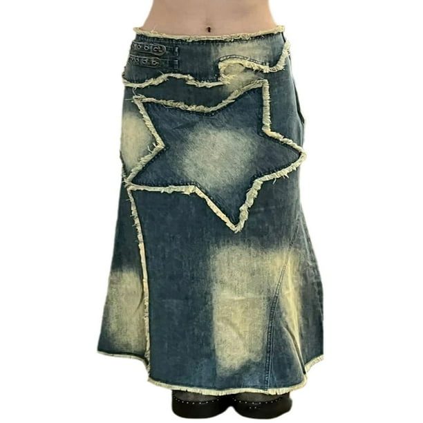HAOAN Women s Long Denim Maxi Skirt Star Print A Line Pencil Denim Skirt Patchwork Stretch Jean Skirt Streetwear Blue L