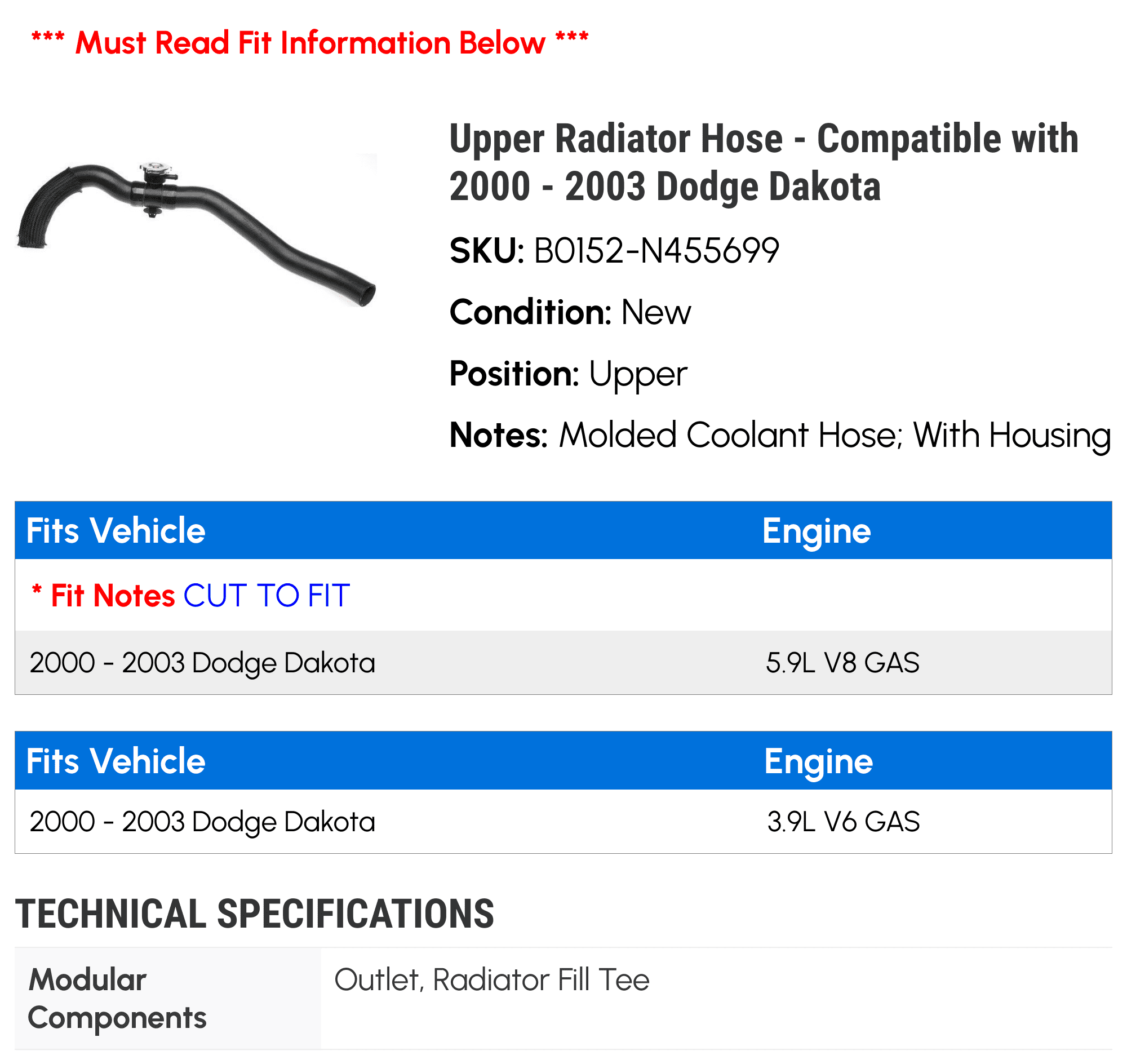 Upper Radiator Hose - Compatible with 2000 - 2003 Dodge Dakota 2001 2002
