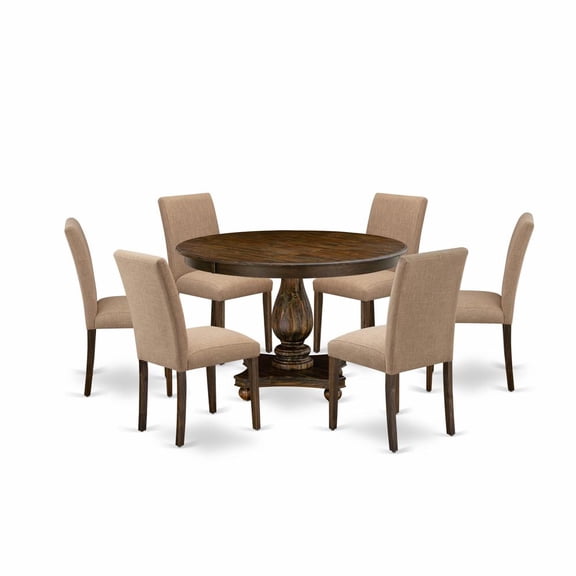 East West Furniture 7 Piece Dining Room Set Contains a Modern Dining Table and 6 Light Sable Linen Fabric Dining Chairs with High Back - Distressed Jacobean Finish
