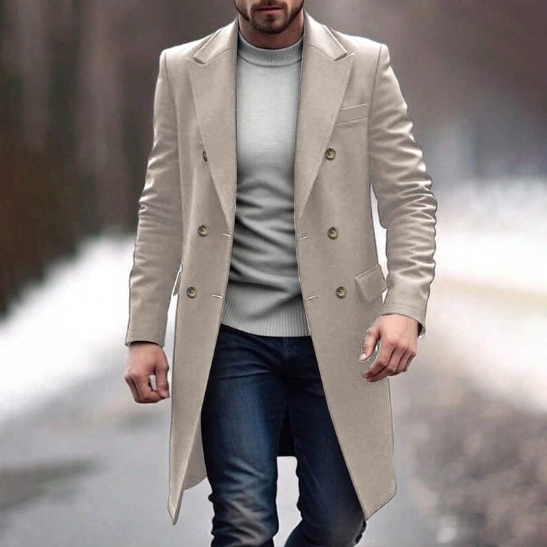 Lcziwo Mens Trench Coat Winter Notched Collar Double-Breasted Top