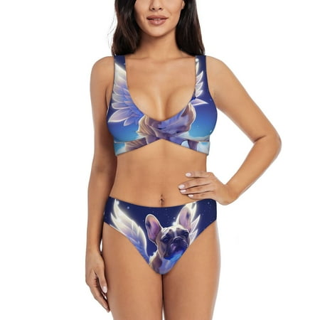 Zeuib Night Sky Winged French Bulldog High Waisted Tummy Control Bikini Set - Knot Front Push Up Top & Cheeky Thong Bottom  Two-Piece Swimsuit for Women-Large