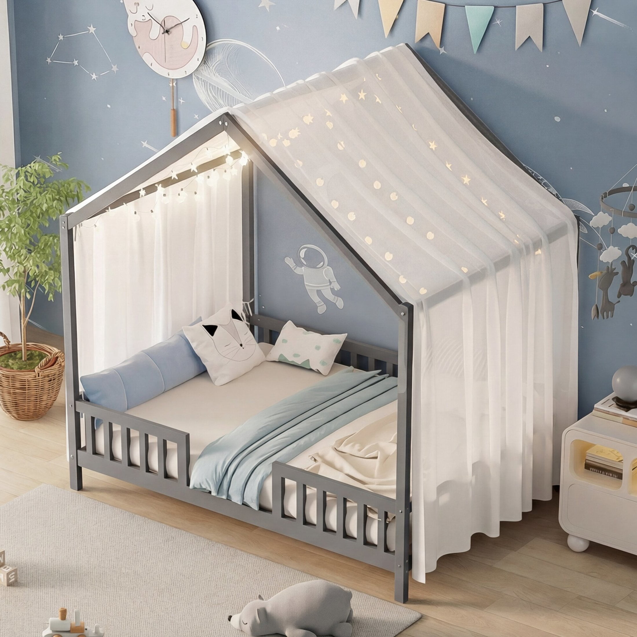 Noble House Full Floor Bed with Canopy and Guardrails, Wood House Bed Frame for Kids, Gray