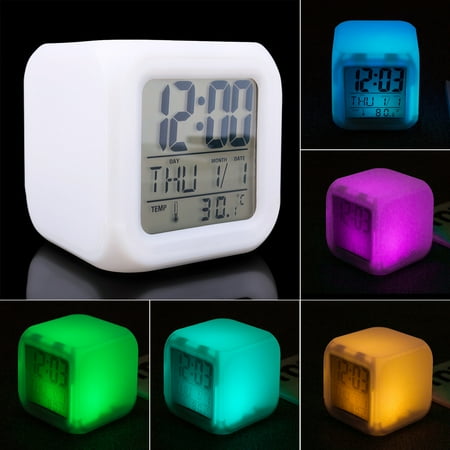 TSV LED 7 Colors Digital Change Alarm Clock Time Snooze Thermometer Light (Best Face Recognition Time Clock)