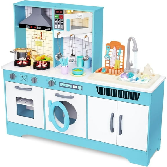 Lil' Jumbl Wooden Kitchen Playset with Lights & Sounds for Kids, Pretend Play with Washer, Dryer, Sink - Blue