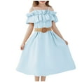 thumbnail image 4 of Chiffon Midi Dresses for Girls with Belt Size 6-13 Teens Kids Trendy Off Shoulder Solid Color Ruffle A-Line Vacation Beach Dress, 4 of 8
