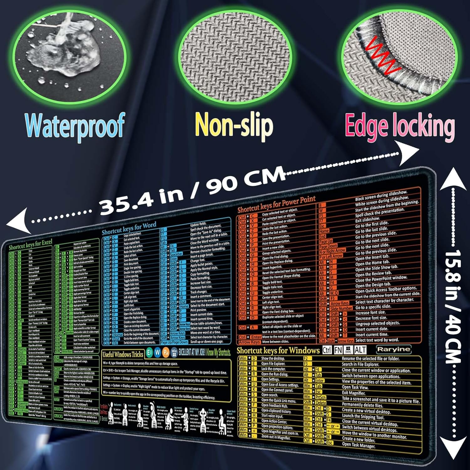 Excel/Word/Power Point/Windows Mouse pad,Non-Slip&Waterproof Large Gaming Office pc Desk mat(XXL 35.4x15.8 in),Over 200 Keyboard Shortcuts Mousepad