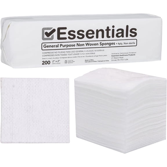 Essentials Healthcare Non-Woven Sponges, 2" x 2", 4-Ply, Non-Sterile, 200/Pack – Soft & Highly Absorbent for Wound Care