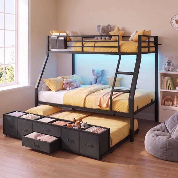 Toogaho Twin over Full Bunk Bed with Trundle,Metal Triple Bunk Bed with Storage Drawers & Ladder & Guardrail & LED Light for Bedroom,Dorm,Guest Room,Black