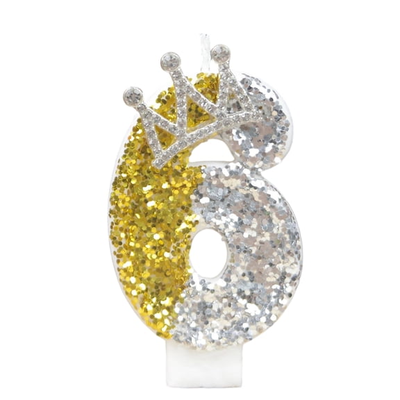 Birthday Candle Number Gold White Glitter with Crown Cartoon Creative Party Cake Topper Decoration, Festive Numeric Candle for Celebration, Royal Themed Cake Decor Supplies