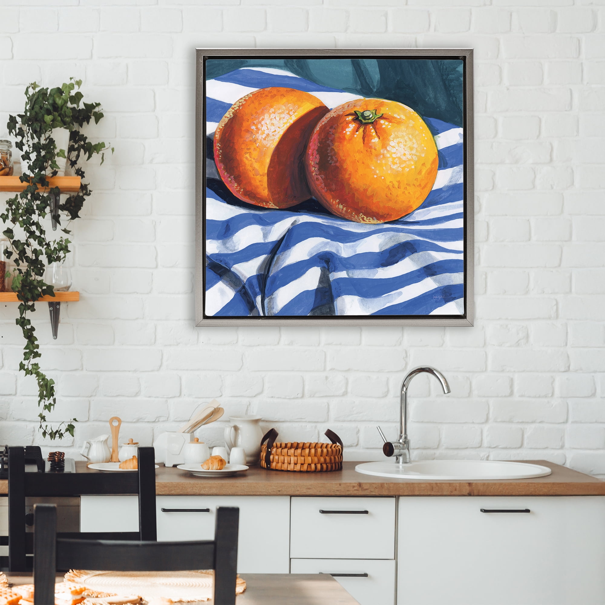 Stupell Industries Oranges On Striped Cloth Gray Framed Floater Canvas Wall Art, design by Kate Jarvik Birch