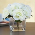 thumbnail image 3 of Enova Home Artificial Flowers Velvet Roses Fake Flowers Arrangement in Cube Glass Vase with Faux Water for Home Office Wedding Decoration (Cream), 3 of 3