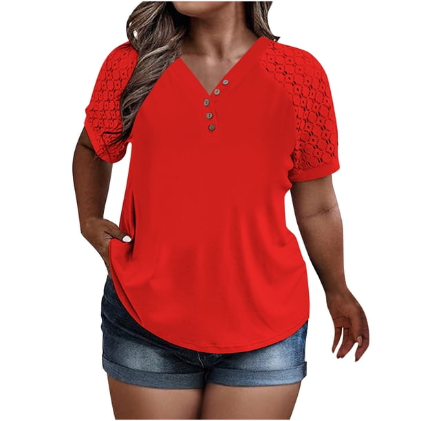 Tamaño Más Manga Corta Tops para Mujeres Verano Color Sólido Puff Manga Corta Suelta Moda Cuello Redondo Top
