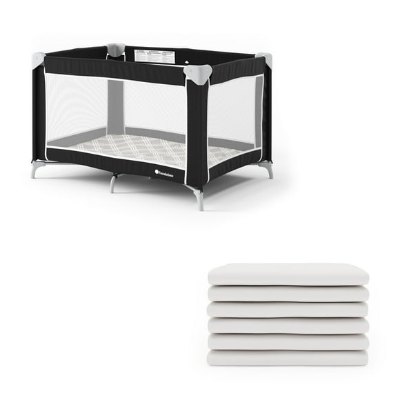 Foundations Sleep 'N Store Play Yard & Sheets Bundle - Commercial-Grade Playpen with Mattress, Storage Bag & 6 White Sheets - Durable for Hotels & Daycares