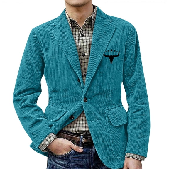 CharmCyan Men’s Corduroy Blazer with Western Bull Head Embroidery Notched Lapel Button Closure Casual Fit Jacket Turquoise XL