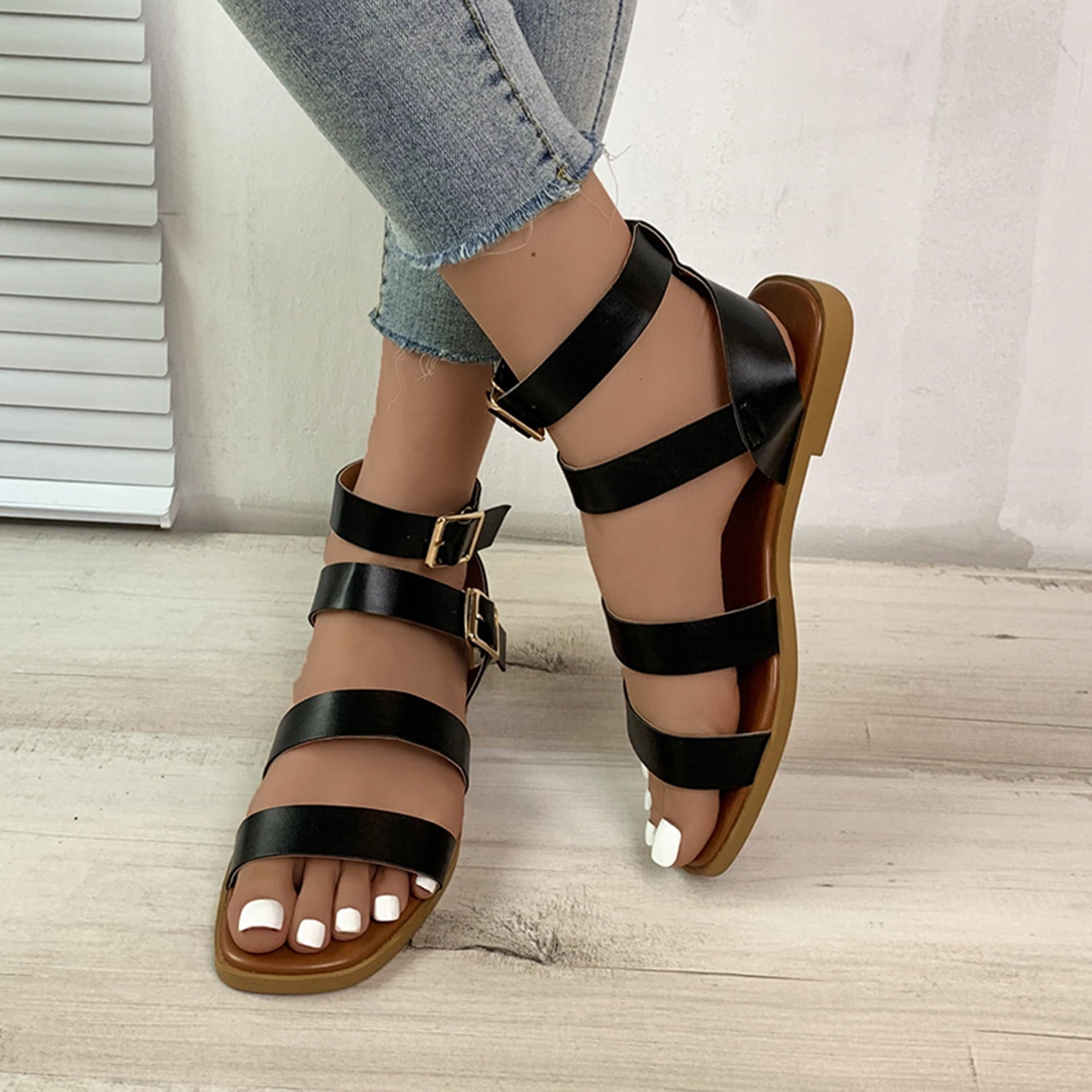 Women s Sandals Female Sandal Adult Womens Shoes Sunflower Sandals for Women Ladies Fashion Retro Summer Solid Color Rhinestone Sandals for Women Low Heel Size 12 Black 9 Walmart