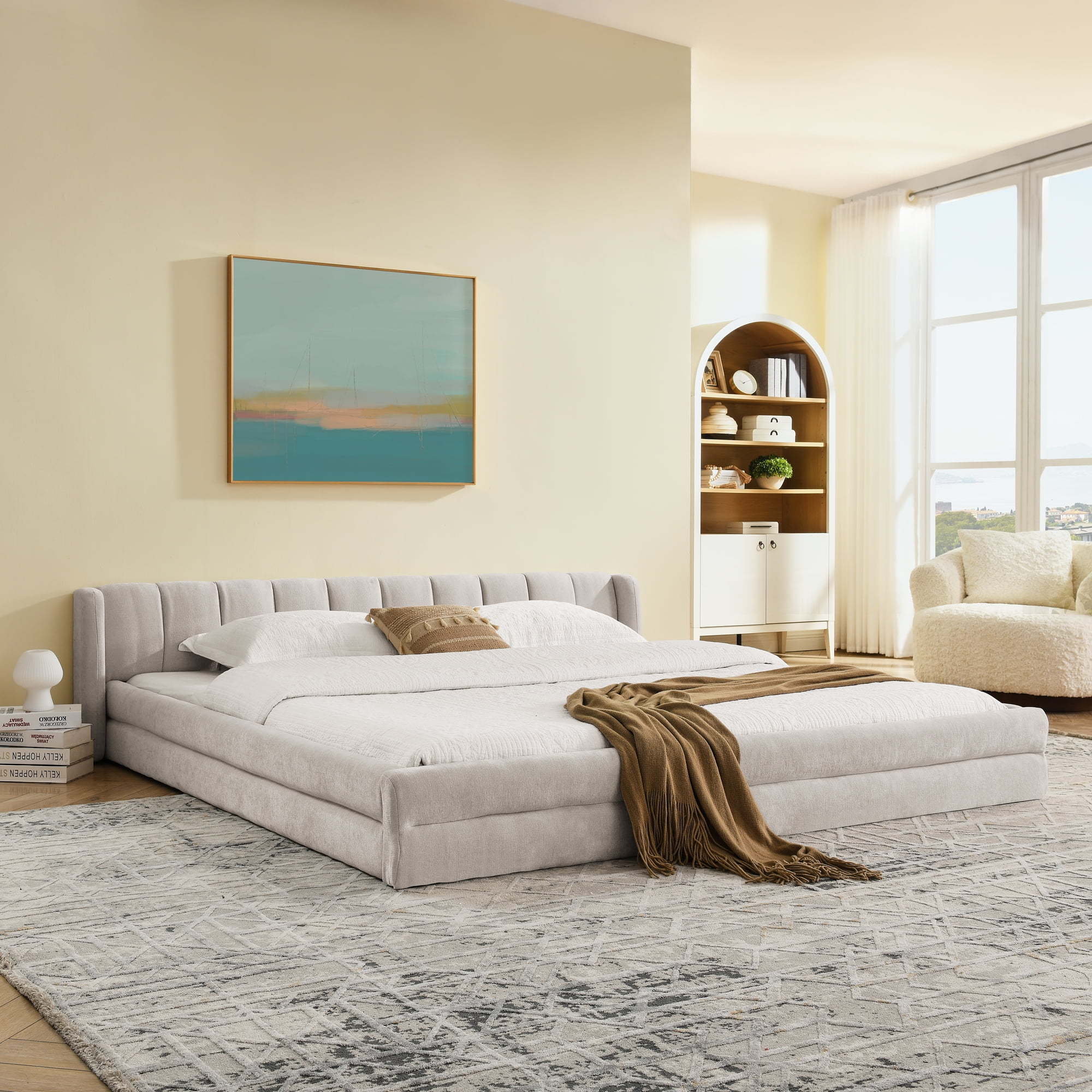 King Upholstered Bed Frame, Modern Platform Bed with Soft Headboard, Thick Chenille Fabric Upholstered Bed Frame, Grounded King Size Bed for Bedroom,Beige