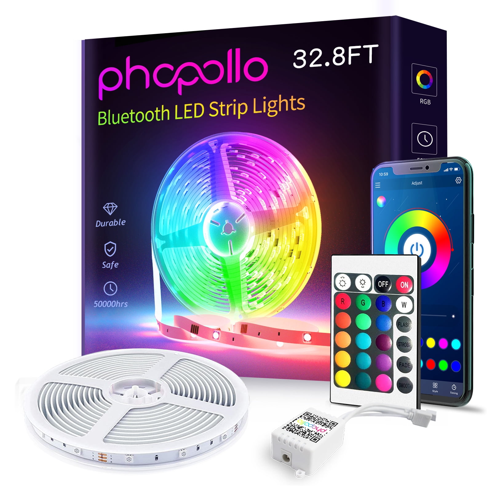 Phopollo 32.8ft Bluetooth LED Strip Lights for Bedroom,5050 RGB Color Changing LED Lights for Kitchen,Party,Bar,Home Decoration