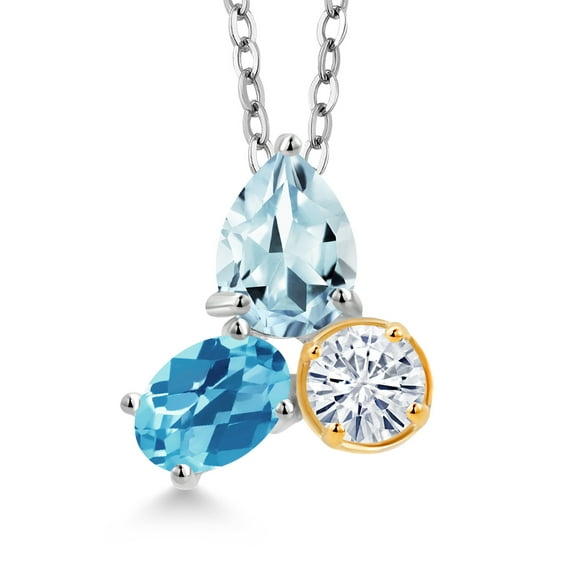 925 Silver and 10K Yellow Gold Aquamarine and Swiss Blue Topaz and White Moissanite 3 Stone Pendant Necklace for Women | 2.40 Cttw | Pear Shape 8X6MM | Oval 7X5MM | Round 5MM | with 18 inch Chain
